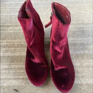Burgundy velvet heeled boots
